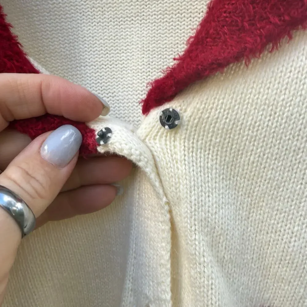 Vintage 90s JTWO Christmas Cardinals Winter Cardigan Sweater Red Collar LARGE